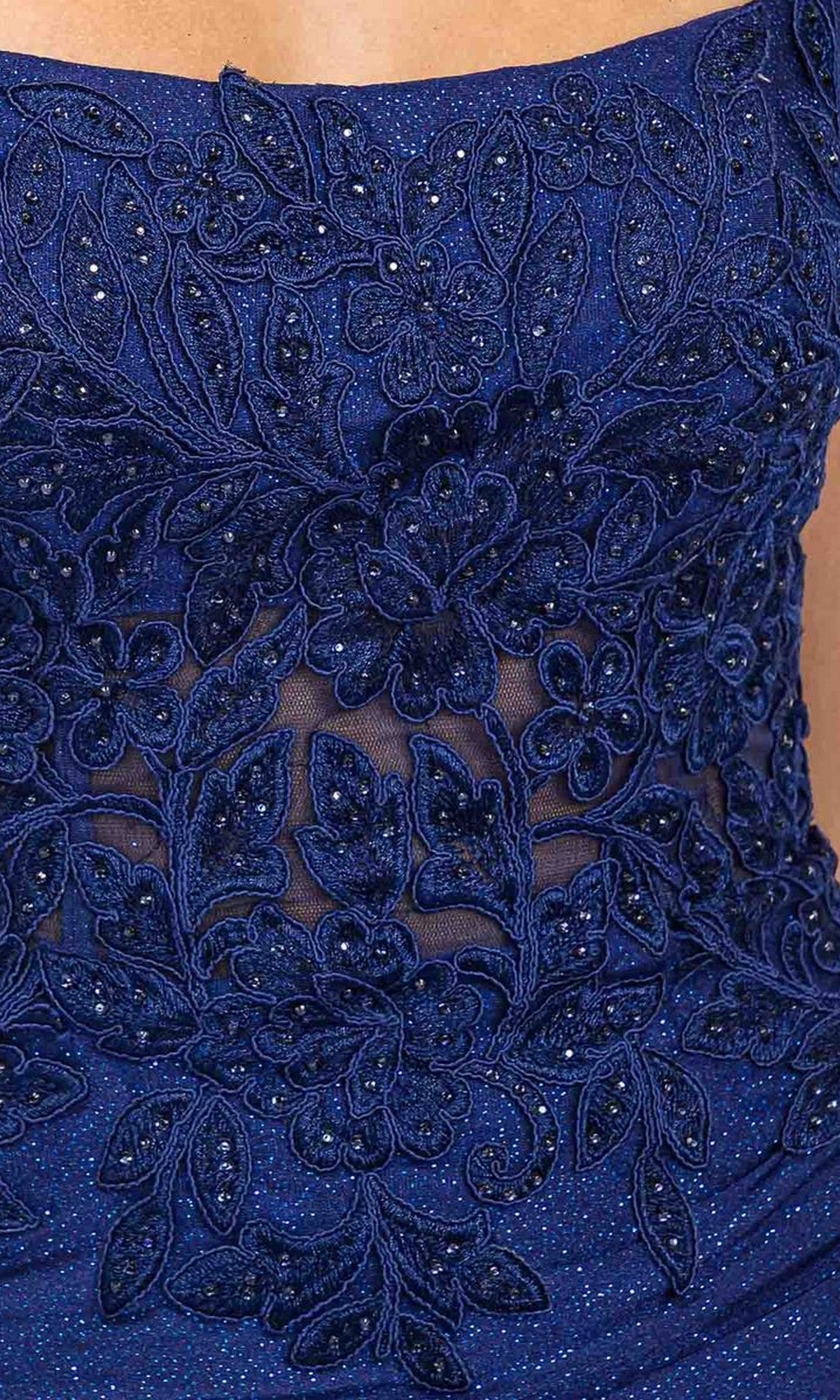 Close-up of the Eureka EK129 long prom dress in navy, featuring intricate floral lace embroidery, sheer mesh panels, bead detailing, and a lace-up open back.